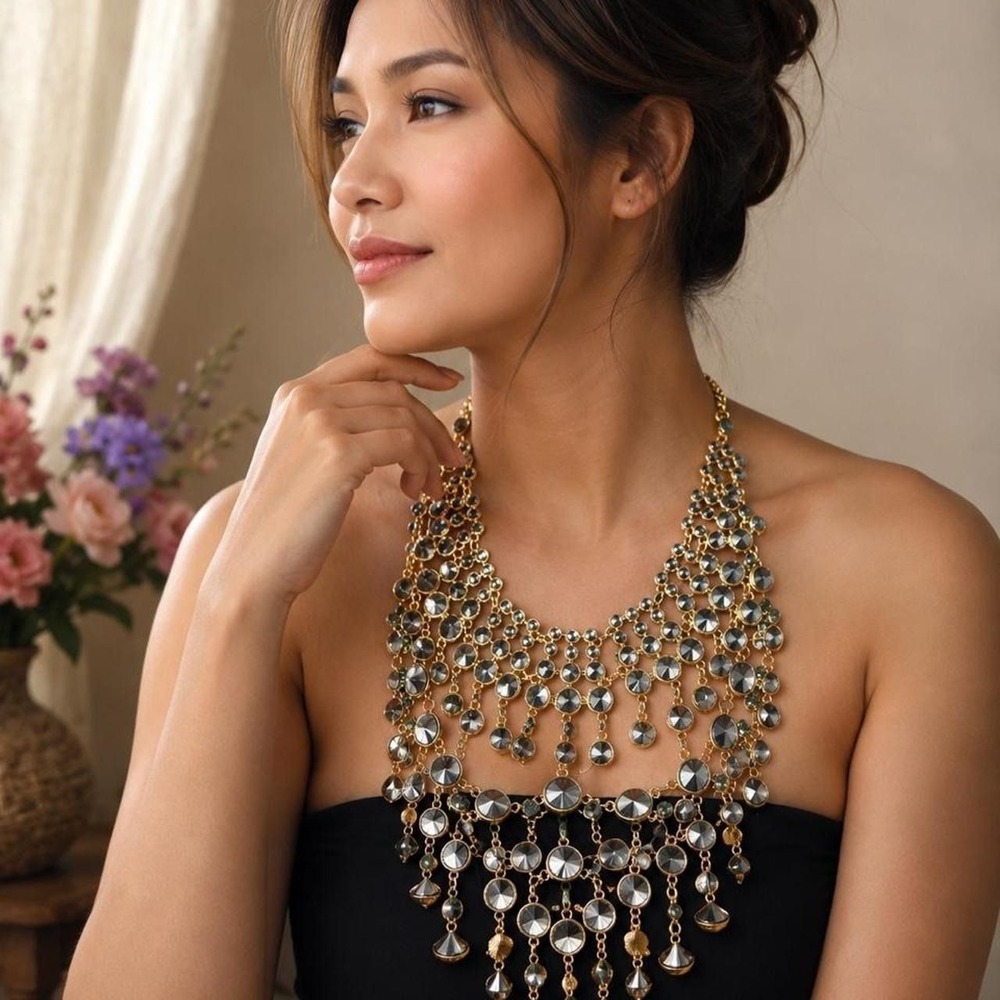 Natasha Gold Tone Grey Faceted Crystal Bib Statement Necklace NWT